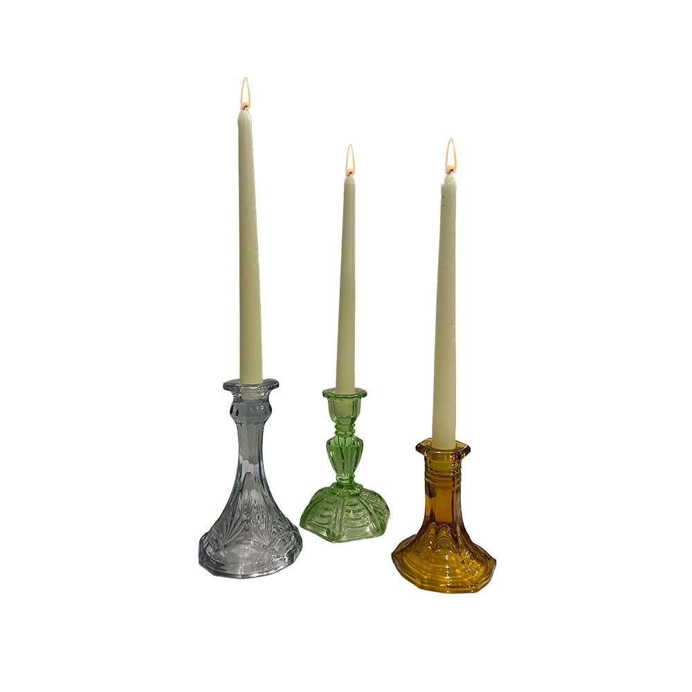 The Urris Coloured Glass Candlestick Holders Array Wedding and Event