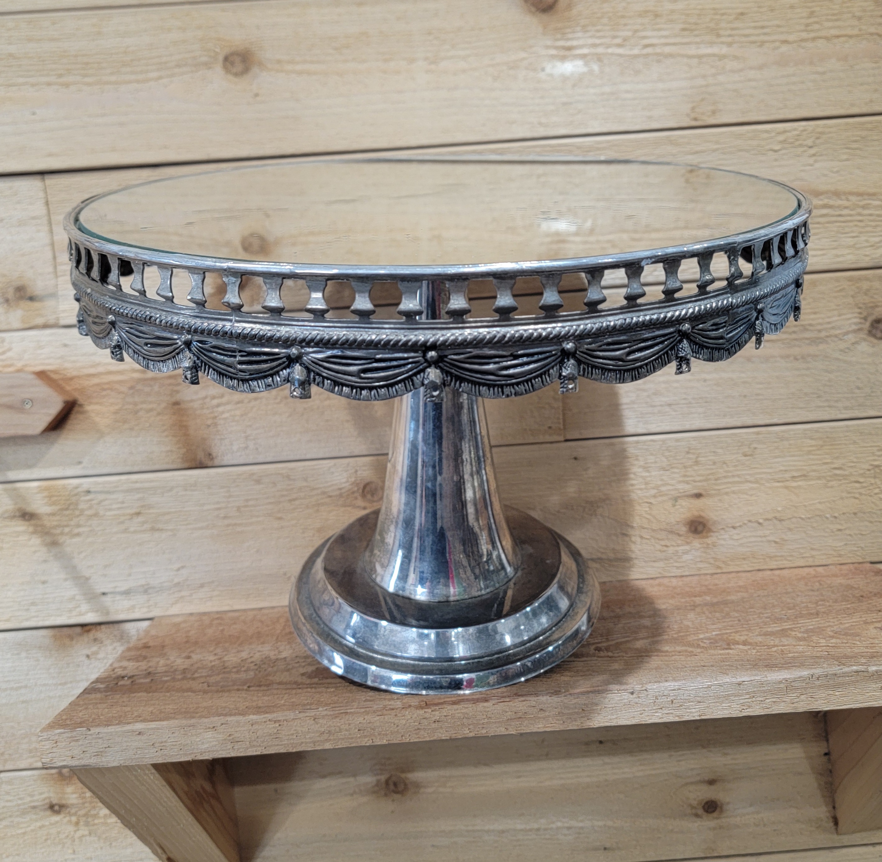 Z443 silver mirror top cake stand 12" For the Love of Pete Salem