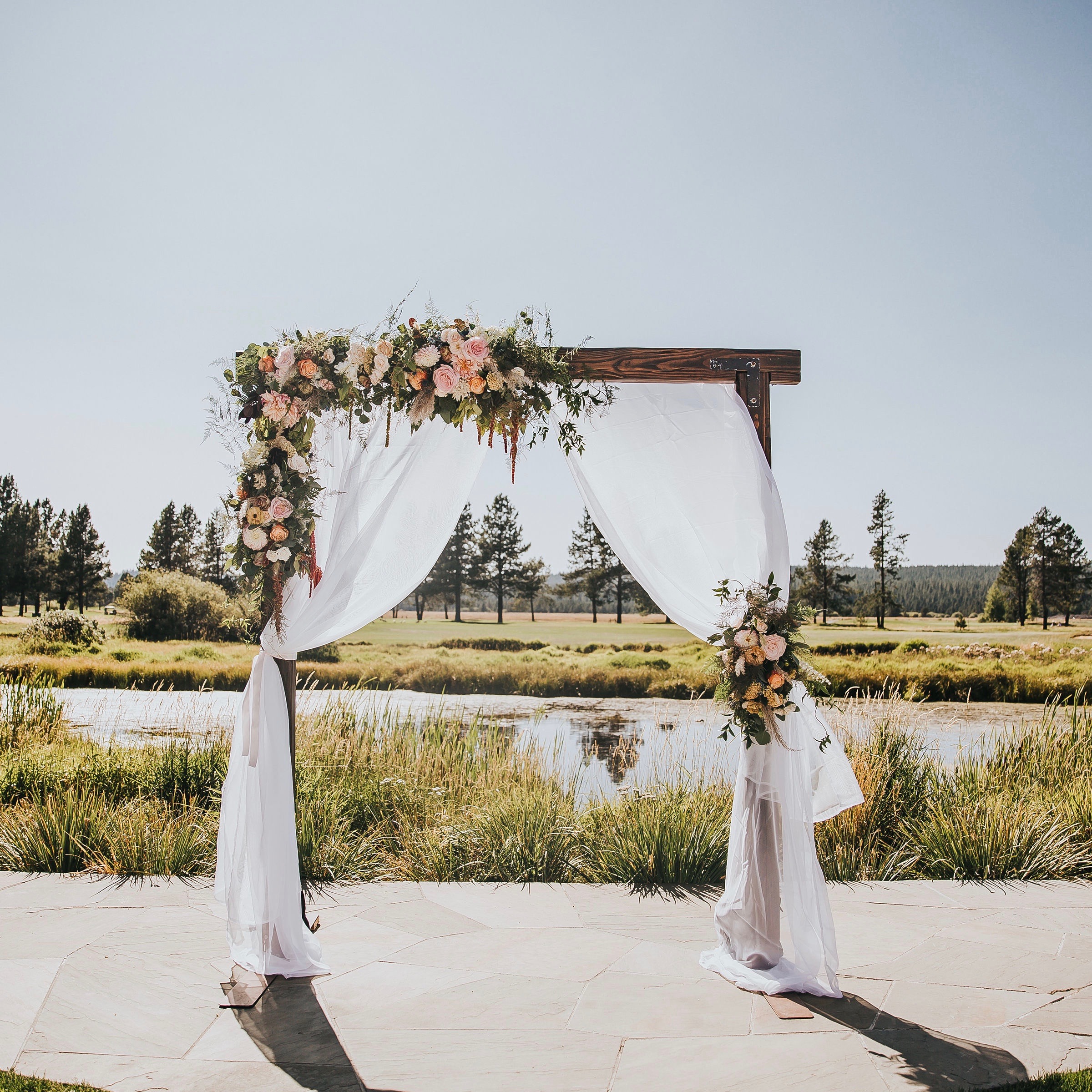 Classic Dark Wood Arbor w/Draping - Heirlooms and Co.