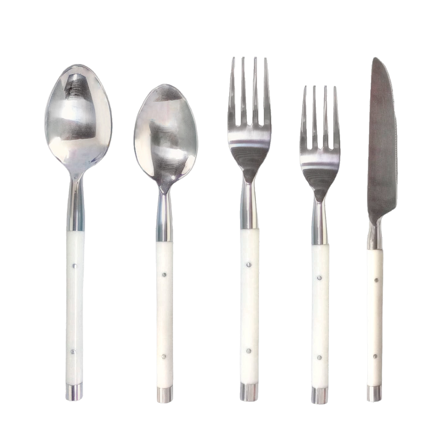 White Handle Flatware Set of 5 - Warehouse Rentals